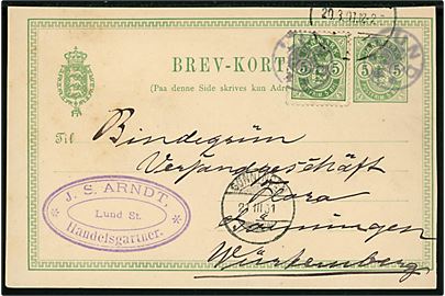 5 øre Våben helsagsbrevkort opfrankeret med 5 øre Våben annulleret med stjernestempel LUND og sidestemplet i Horsens (?) d. 20.3.1901 til Gönningen, Württemberg, Tyskland. Helsagskort klippet.