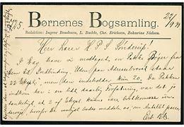5 øre Våben helsagsbrevkort fra Kjøbenhavn d. 22.9.1899 til Lærer Sønderup i Lemvig. På bagsiden tiltryk: Børnenes Bogsamling.