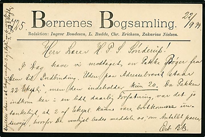5 øre Våben helsagsbrevkort fra Kjøbenhavn d. 22.9.1899 til Lærer Sønderup i Lemvig. På bagsiden tiltryk: Børnenes Bogsamling.