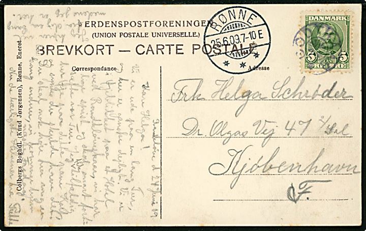 5 øre Fr. VIII på brevkort annulleret med stjernestempel GODTHAAB og sidestemplet Rønne d. 25.6.1909 til København.