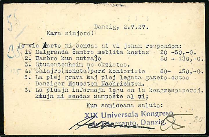 15 øre Karavel svardel af dobbelt helsagsbrevkort (fabr. 83-Y) annulleret i Danzig d. 3.7.1927 til Charlottenlund. God anvendelse fra Fristaden Danzig, men lidt slidt og nusset.
