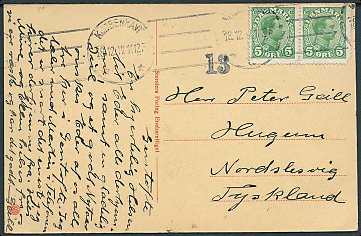 5 øre Chr. X i parstykke på brevkort fra Kjøbenhavn d. 18.12.1917 til Hugum, Nordslesvig. Sort censurstempel 13. 1 mærke med mgl. hjørnetak.