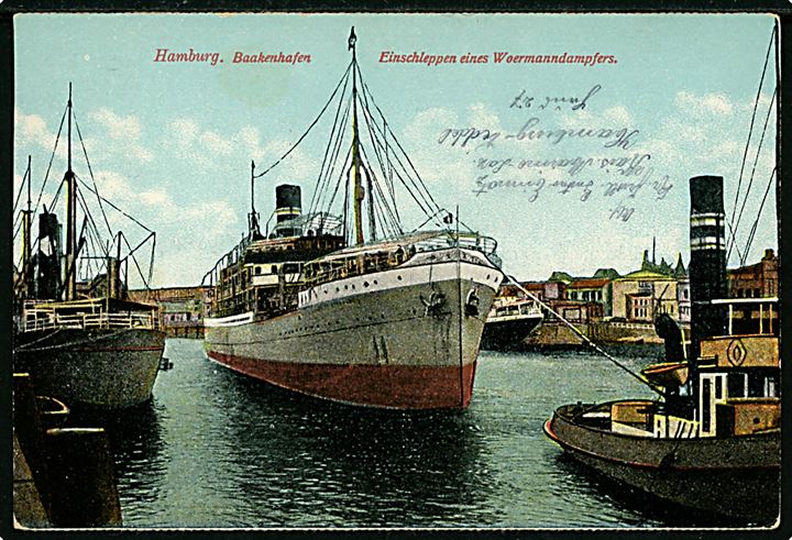 10 pfg. Germania på feltpostbrevkort (Hamburg havn med dampskib) dateret d. 8.8.1915 til København, Danmark. Violet Briefstempel: Kaiserliche Marine / Feldpost / Marinelazarett Hamburg.