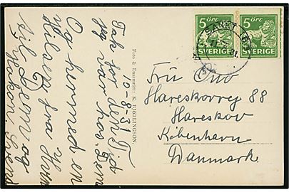 5 öre Løve i parstykke på brevkort fra Hven annulleret Sankt. Ibb d. 11.8.1931 til Hareskov, Danmark.