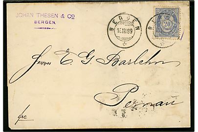 20 øre Posthorn på brev fra Bergen d. 18.3.1889 via Riga til Pernau, Estland, Rusland.