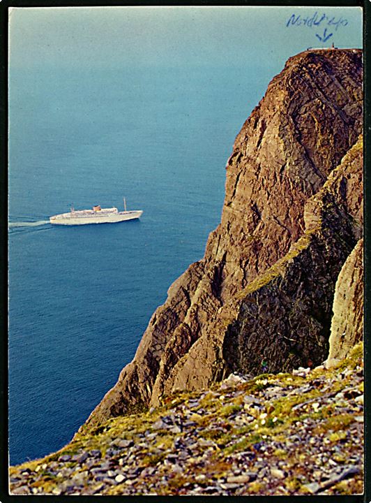 75 øre på brevkort (Turistskib ved Nordkap) annulleret med skibsstempel M/S Sagafjord Posted on board on cruise d. 1.7.1973 til København, Danmark.