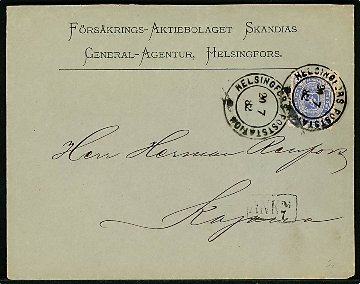 20 pen. Løve på brev fra Helsingfors Poststation d. 20.7.1882 til Kajana. 