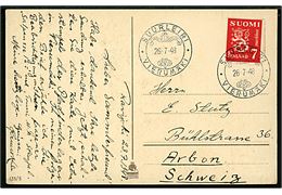 7 mk. Løve på brevkort fra Ravijoki annulleret med spejder særstempel Suurleiri * Vierumäki * d. 26.7.1948 til Arbon, Schweiz.