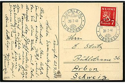 7 mk. Løve på brevkort fra Ravijoki annulleret med spejder særstempel Suurleiri * Vierumäki * d. 26.7.1948 til Arbon, Schweiz.