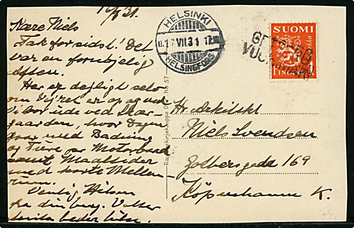 1 mk. Løve på brevkort (Sveaborg) annulleret med 2-sproget liniestempel Getberg / Vuohimäki og sidestemplet Helsinki d. 17.7.1931 til København, Danmark.