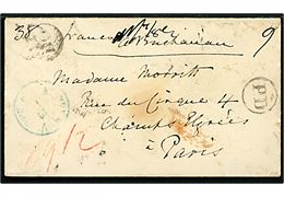 1855. Francobrev med svagt antiqua Kjøbenhavn O.P.E. via Lübeck til Paris, Frankrig. Flere påtegninger.