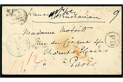 1855. Francobrev med svagt antiqua Kjøbenhavn O.P.E. via Lübeck til Paris, Frankrig. Flere påtegninger.