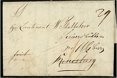 1827. Francobrev med påskrift Frit fra København d. 27.12.1827 til Løjtnant Thalbitzer, Siewershütten pr. Rendsburg - omadresseret. Flere påtegninger.