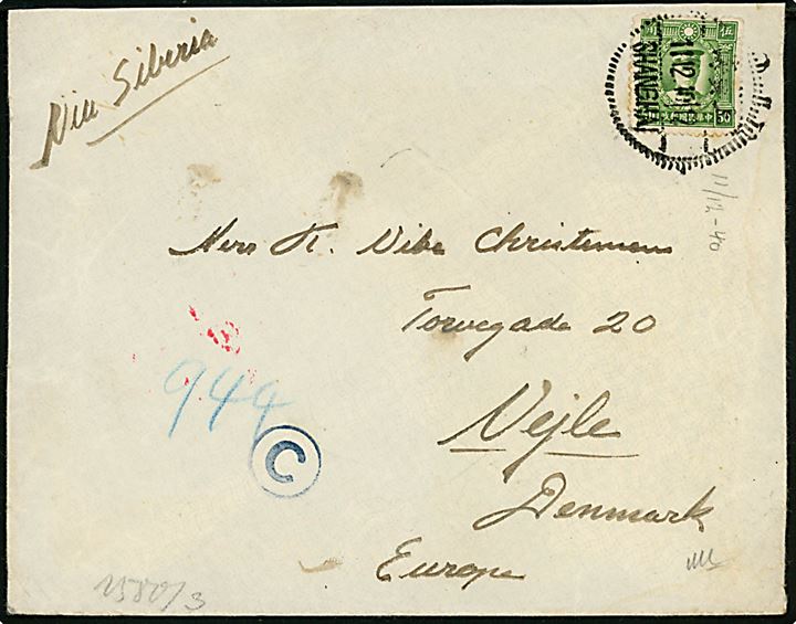 50 c. Chen Gi-mei single på brev påskrevet via Siberia fra Shanghai d. 11.12.1940 til vejle, Danmark. Åbnet af tysk censur i Berlin. 