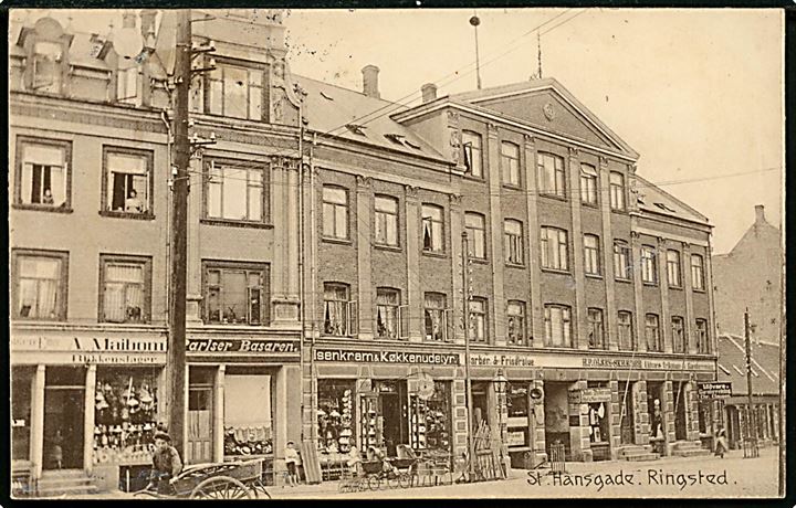 Ringsted. Gadefacade fra St. Hansgade med mange forretninger. Ahrent Flensborg no. 610.