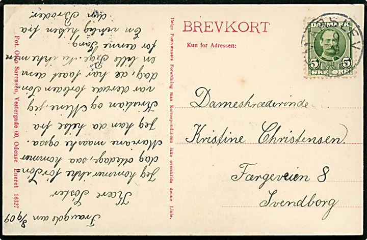 Fraugde Plovfabrik. Otto Sørensen, Odense no. 16327. Med 5 øres Fr. VIII annulleret Lapidarstempel MARSLEV d. 09.09.1909 til Svendborg.