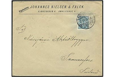 20 øre blå våbentype singelfrankatur på brev fra København d. 3.10.1895 til Tammerfors, Finland. 