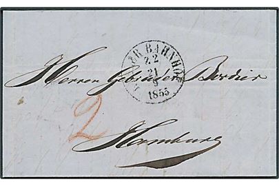 1855. Portobrev med antiqua Kieler Bahnhof d. 21.9.1855 til Hamburg. Påskrevet 2 med rødkridt.