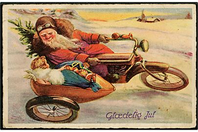 Julemand på motorcykel med sidevogn. Ukendt tegner. W.S.S.B. import no. 2048. 