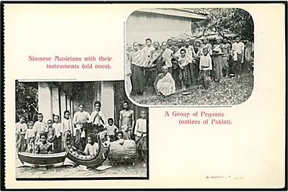 Thailand. Siamesiske musikanter og en gruppe indfødte fra Paklat. J. Antonio, Bangkok u/no.