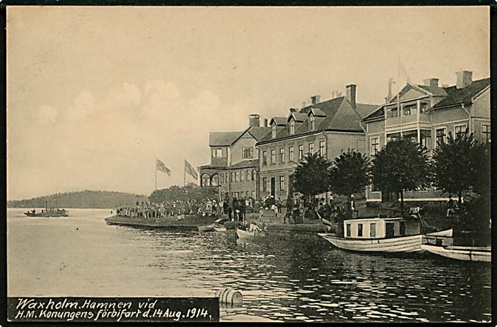 Waxholm ved havnen med kongebesøg af Gustav d. V. d. 14. August 1914.