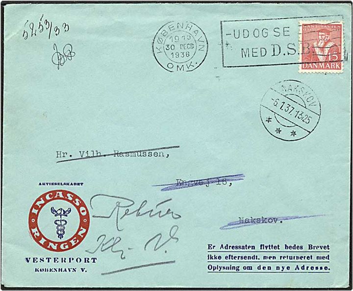 15 øre Hans Tavsen på retur brev fra København d. 30.12.1936 til Nakskov.