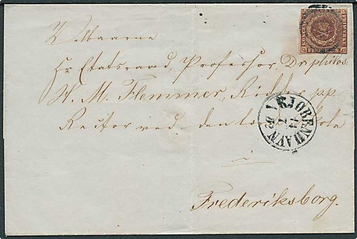 4 R.B.S. Thiele I på brev annulleret med svagt stumt eller nr.stempel og sidestemplet antiqua Kjøbenhavn d. 14.7.1852 til Frederiksborg.