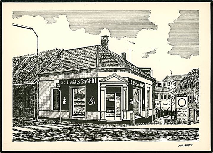 Hillerød. Budde´s hjørne (Bageri). Tegnet af Svend H. Hillerød antik no. 386.