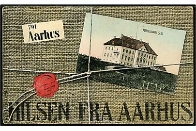 Aarhus, Hilsen fra med prospekt af Marselisborg slot. U/no.