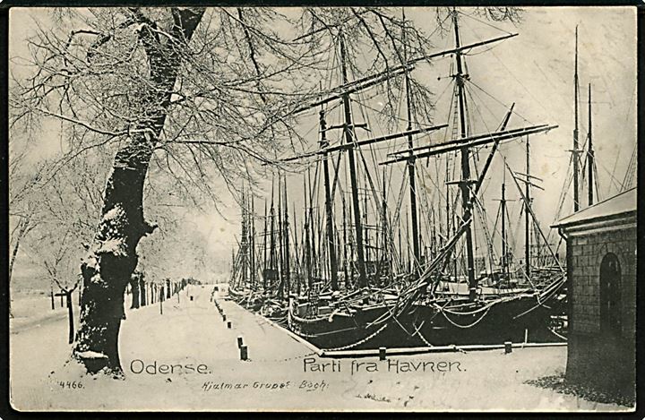 Odense, havneparti med sejlskibe i sne. Hjalmar Grupe no. 4466.