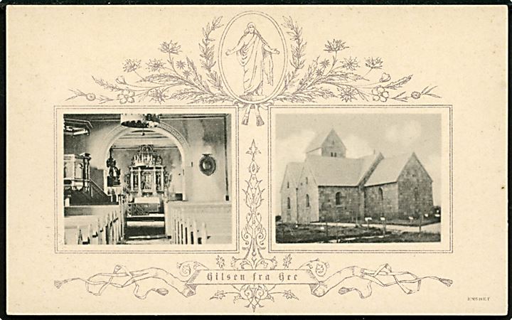 Hee (He), Hilsen fra med facade og interiør af Hee Kirke. N. P. Holm no. 315.