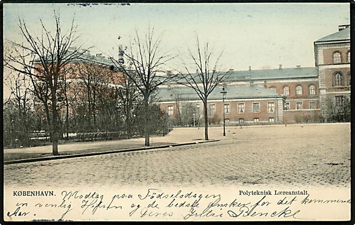 Købh., Polyteknisk Læreanstalt. Peter Alstrup no. 303. Frankeret med 3 øre Tofarvet og sendt lokalt i Kjøbenhavn d. 8.3.1905.