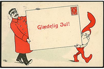 Carl Røgind: Postbud og nisse med stort brev. Glædelig Jul!. U/no.