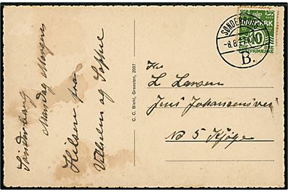10 øre Bølgelinie på brevkort (Sønderborg kaserne) annulleret brotype Vb Sønderborg B. d. 8.8.1927 til Køge.
