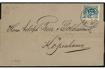 12 öre Ringtype på skibsbrev med indhold dateret i Malmö annulleret antiqua Fra Sverrig d. 21.7.1877 til Kjøbenhavn, Danmark. Skramme på forsiden.