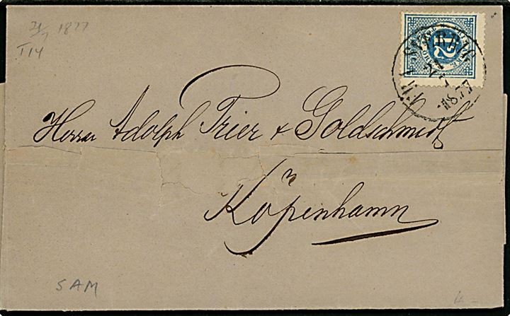 12 öre Ringtype på skibsbrev med indhold dateret i Malmö annulleret antiqua Fra Sverrig d. 21.7.1877 til Kjøbenhavn, Danmark. Skramme på forsiden.
