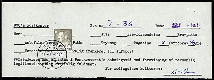 40 øre Fr. IX annulleret Dundas d. 15.9.1970 på fortrykt portoregning fra DCC's Postkontor på Thulebasen, Grønland.