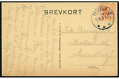 7 øre Chr. X på brevkort (Fredericia, Dansk Købestævne set fra Vandtaarnet) annulleret med gummistempel Dansk Købestævne og sidestemplet Fredericia d. 5.8.1919 til Svendborg. Iflg. meddelelse sendt fra Købestævnet hvor også kongen og dronningen er gæster. I forb. med Købestævnet blev der oprettet et midlertidigt postkontor i dagene 1-11.8.1919 som har benyttet det violette gummistempel. 