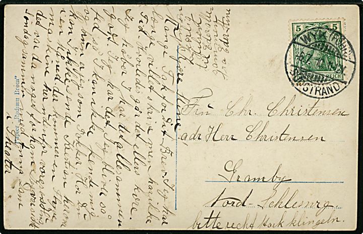 5 pfg. Germania på brevkort stemplet Wyk (Föhr) Südstrand d. 6.7.1910 til Gramby, Nordslesvig.