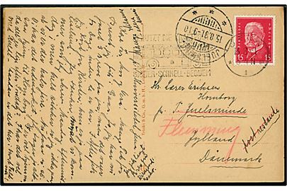 Tysk 15 pfg. Hindenburg på brevkort fra Jena d. 13.8.1931 til Juelsminde, Danmark - eftersendt til Flemming med brotype Ic Juelsminde d. 15.8.1931.