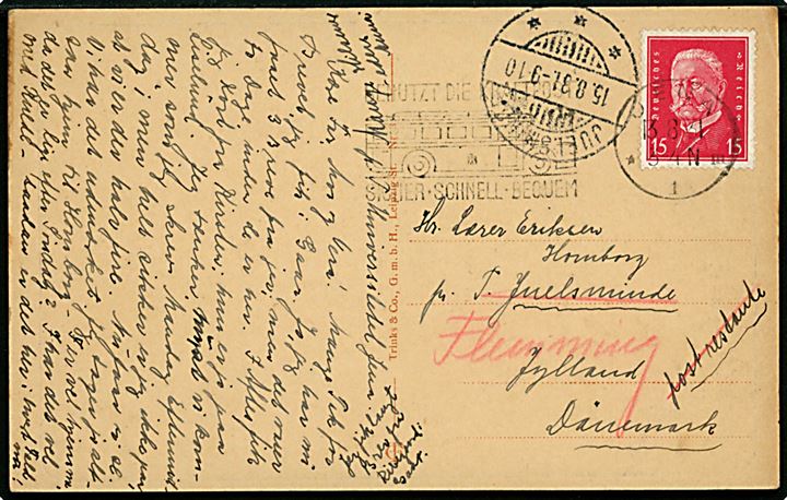 Tysk 15 pfg. Hindenburg på brevkort fra Jena d. 13.8.1931 til Juelsminde, Danmark - eftersendt til Flemming med brotype Ic Juelsminde d. 15.8.1931.