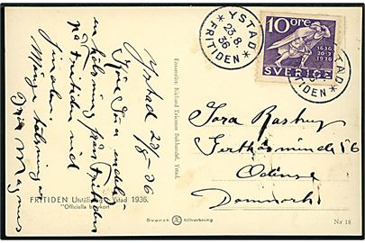 10 öre Postjubilæum på brevkort (FRITIDEN Utställning i Ystad 1936) annulleret med særstempel Ystad * Fritiden * d. 23.8.1936 til Odense, Danmark.