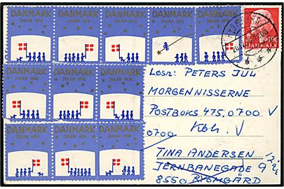 100 øre Margrethe og Julemærke 1976 (11) på julekort fra Ryomgård d. 20.12.1976 til Morgennisserne, Postboks 475, 0700 København V. 