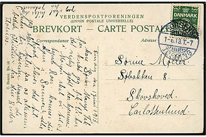 5 øre Bølgelinie på brevkort annulleret med bureaustempel Horsens - Tørring T.7 d. 1.6.1913 til Skovshoved pr. Charlottenlund.