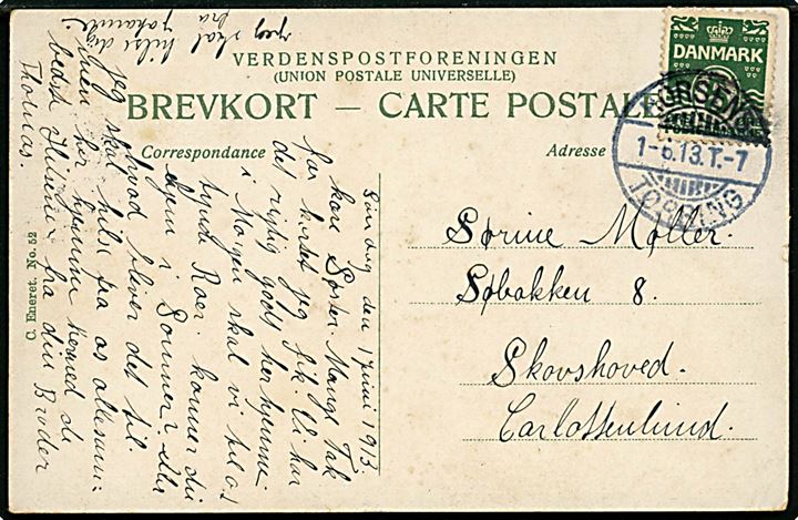5 øre Bølgelinie på brevkort annulleret med bureaustempel Horsens - Tørring T.7 d. 1.6.1913 til Skovshoved pr. Charlottenlund.