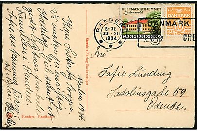 10 øre Bølgelinie og Julemærke 1934 på julekort annulleret med posthusfranko stempel uden valør i Randers d. 23.12.1934 til Odense.