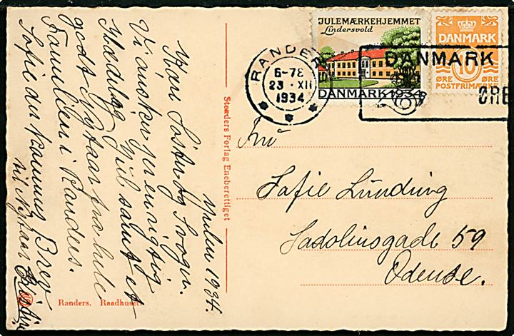 10 øre Bølgelinie og Julemærke 1934 på julekort annulleret med posthusfranko stempel uden valør i Randers d. 23.12.1934 til Odense.