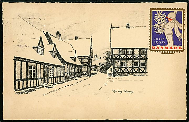 7 øre Bølgelinie på lokalt julekort annulleret med blanketmaskinstempel uden valør i Aarhus d. 22.12.1929.