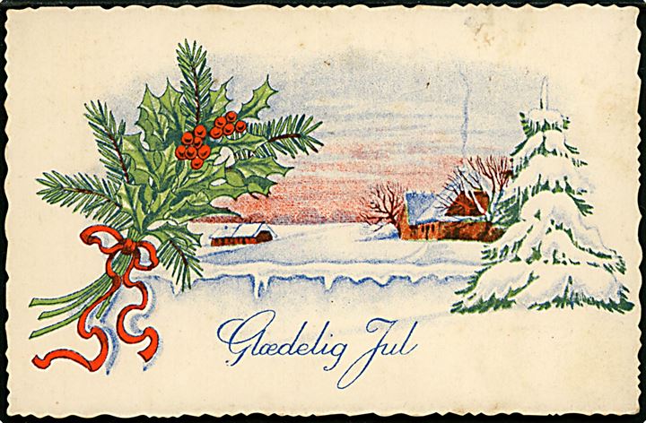 7 øre Bølgelinie og Julemærke 1933 på lokalt julekort annulleret med posthusfrankostempel uden valør i Horsens d. 23.12.1933 til Oens pr. Horsens. 