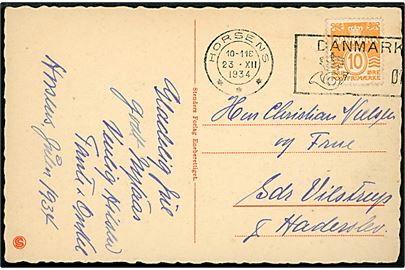 10 øre Bølgelinie på brevkort annulleret med posthusfranko stempel uden valør i Horsens d. 23.12.1934 til Sdr. Vilstrup pr. Haderslev.